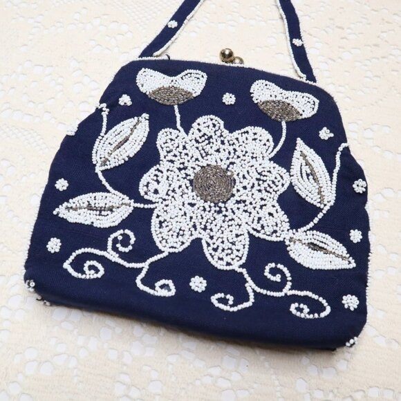 Vintage Beaded Evening Bag: Navy Blue Floral Handbag, Rhinestone Clasp - Picture 2 of 11